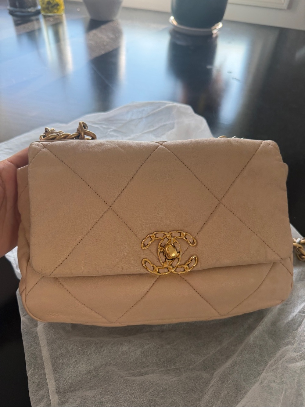 CHANEL Quilted Beige Lambskin Shoulder Bag with Gold CC Hardware